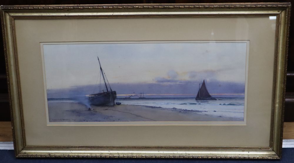 Carleton Grant RBA (1860-1930), watercolour, Fishing boats along the coast at daybreak, signed and dated 1892, 25 x 60cm
